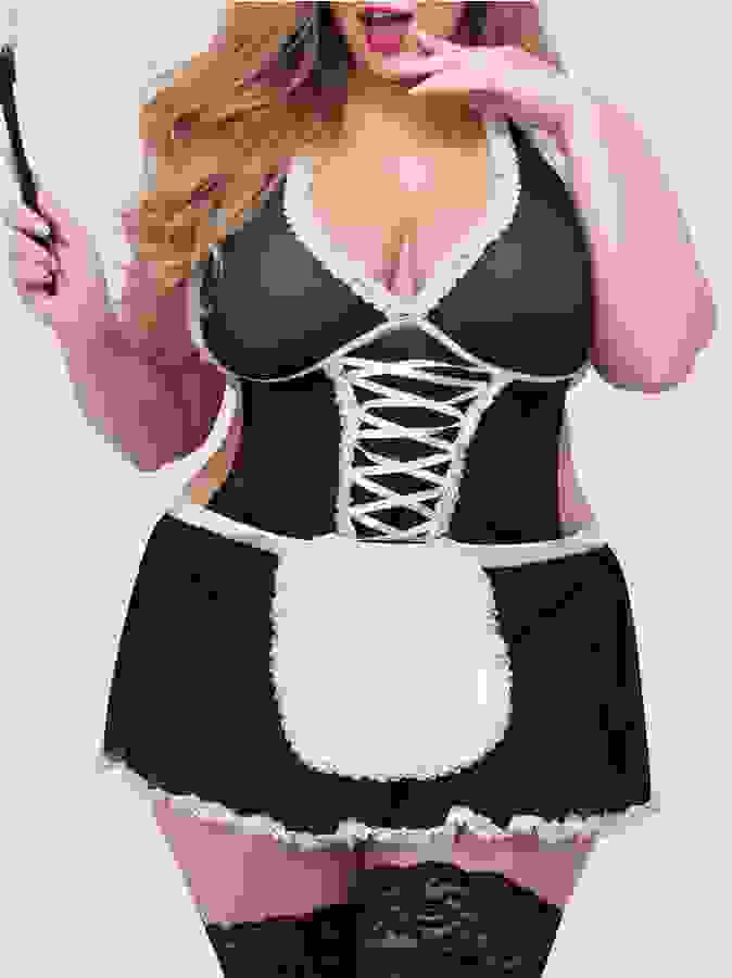 Lovehoney Fantasy Plus Size French Maid Costume, Black, hi-res